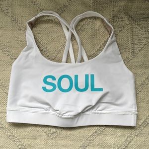 lululemon white energy bra with blue soulcycle lettering. size 6. NWT